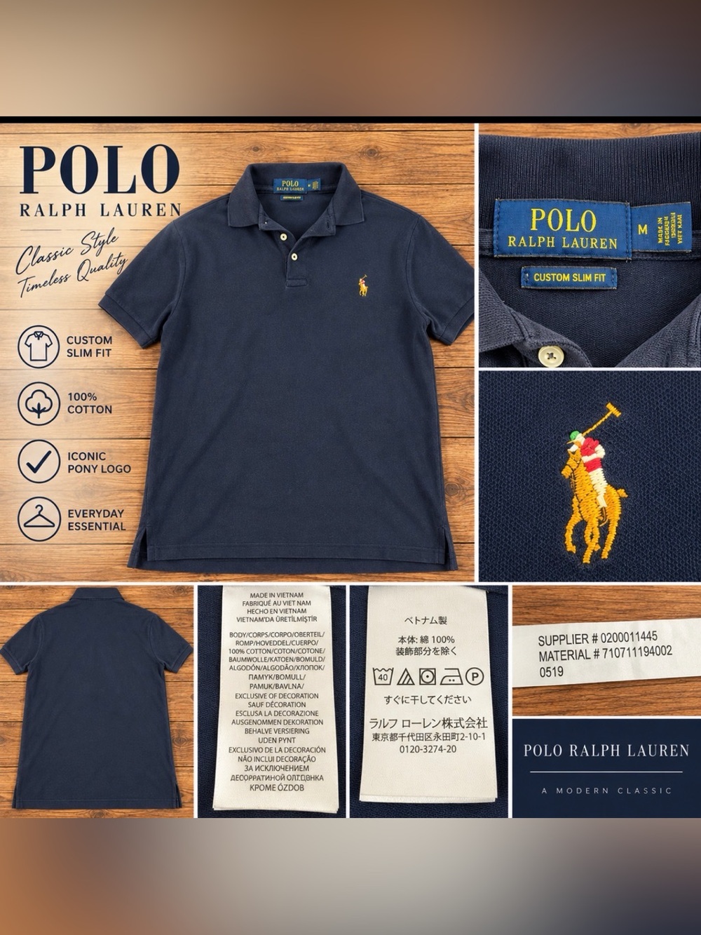 Polo Ralph Lauren Custom Slim Fit Polo Shirt Men’s Medium Navy 100% Cotton